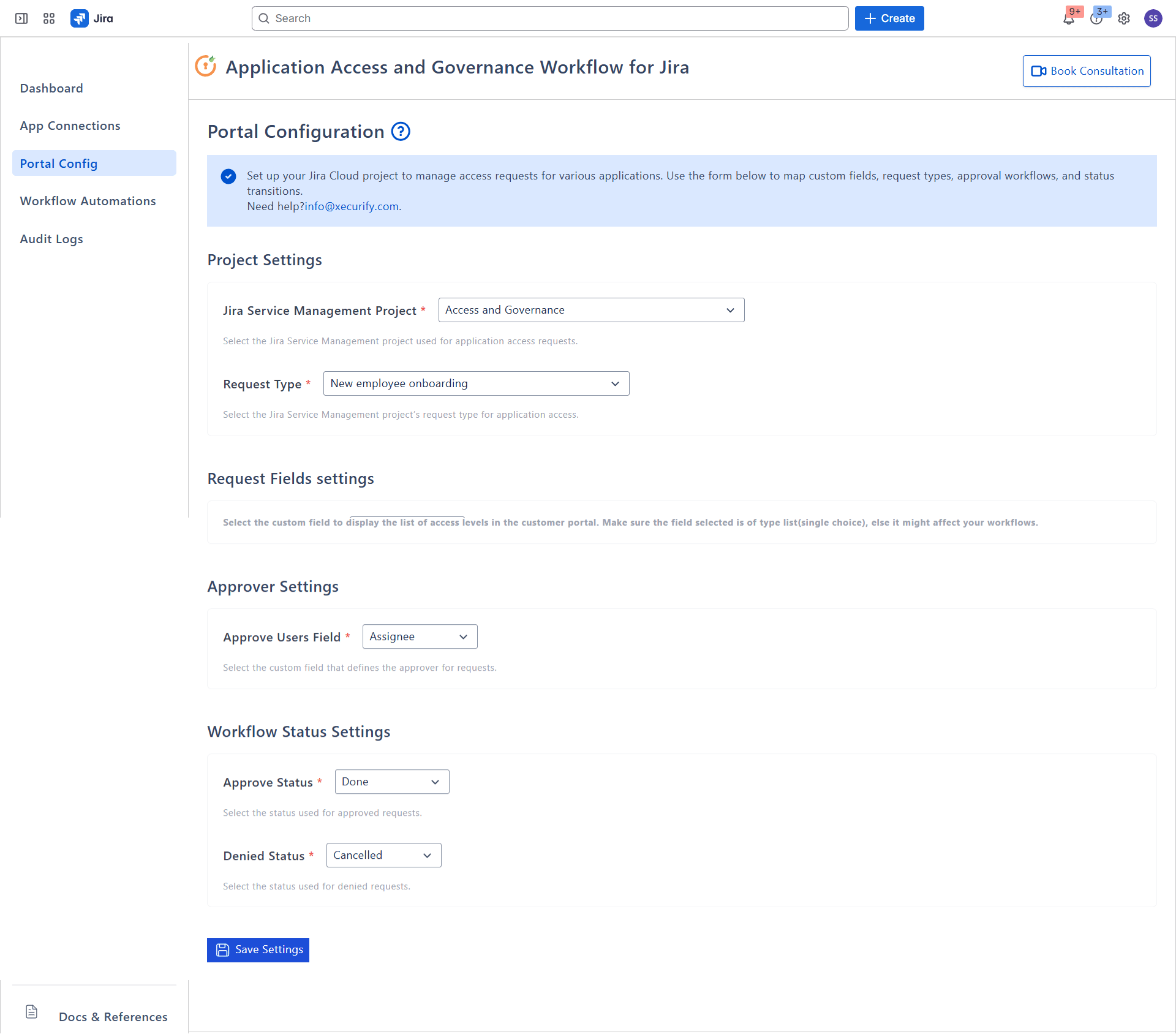 The Portal Configuration window inside the miniOrange Access Governance app