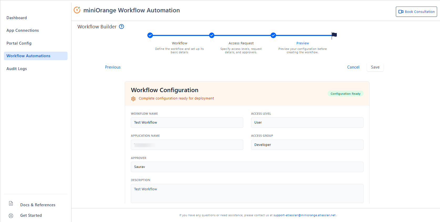 The Workflow Builder Preview window inside the miniOrange Access Governance app