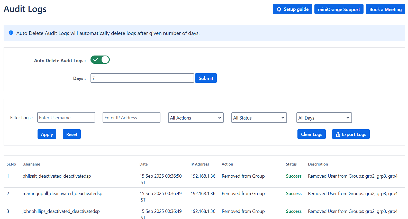 Automated user management audit logs