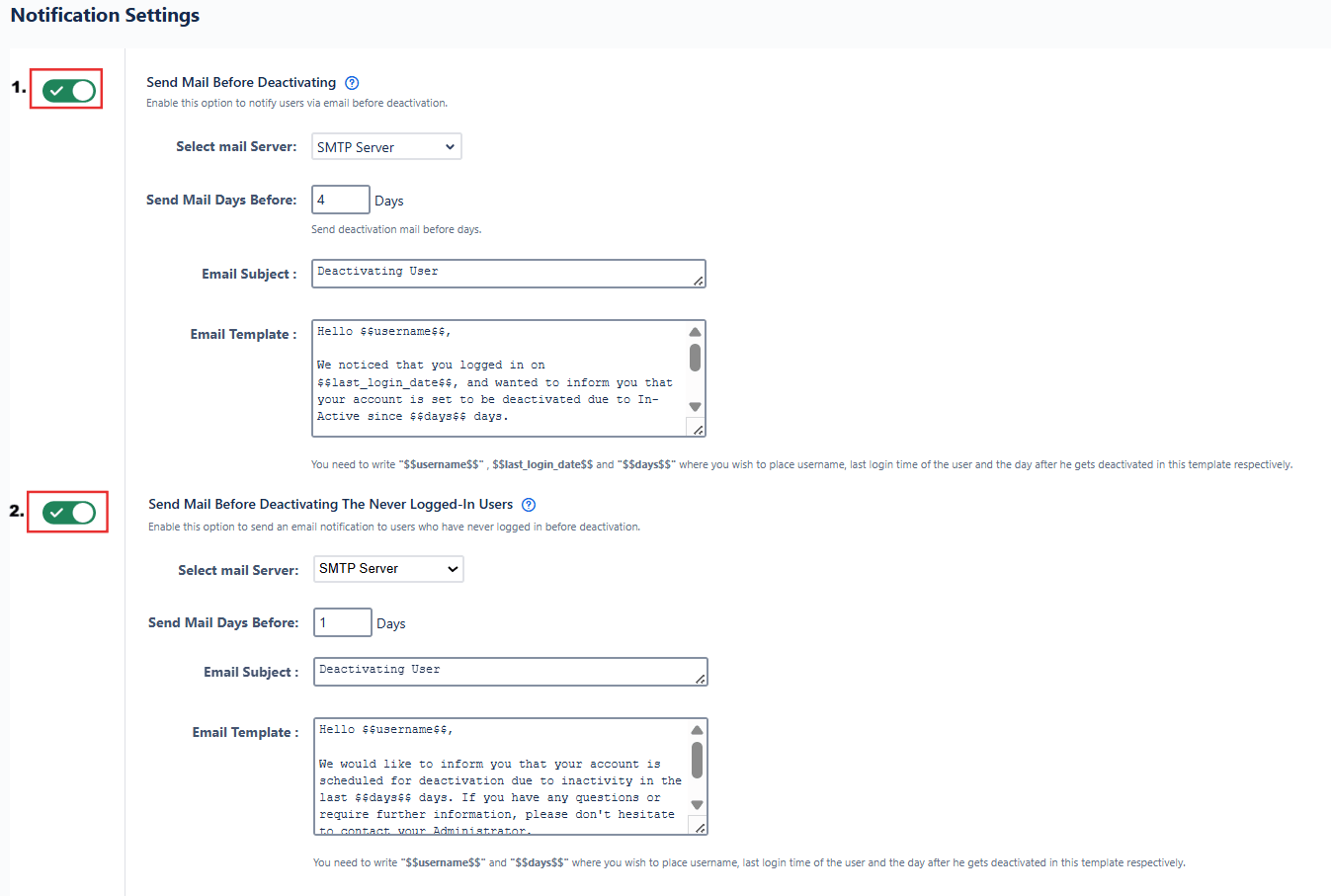 Automated user management notification settings