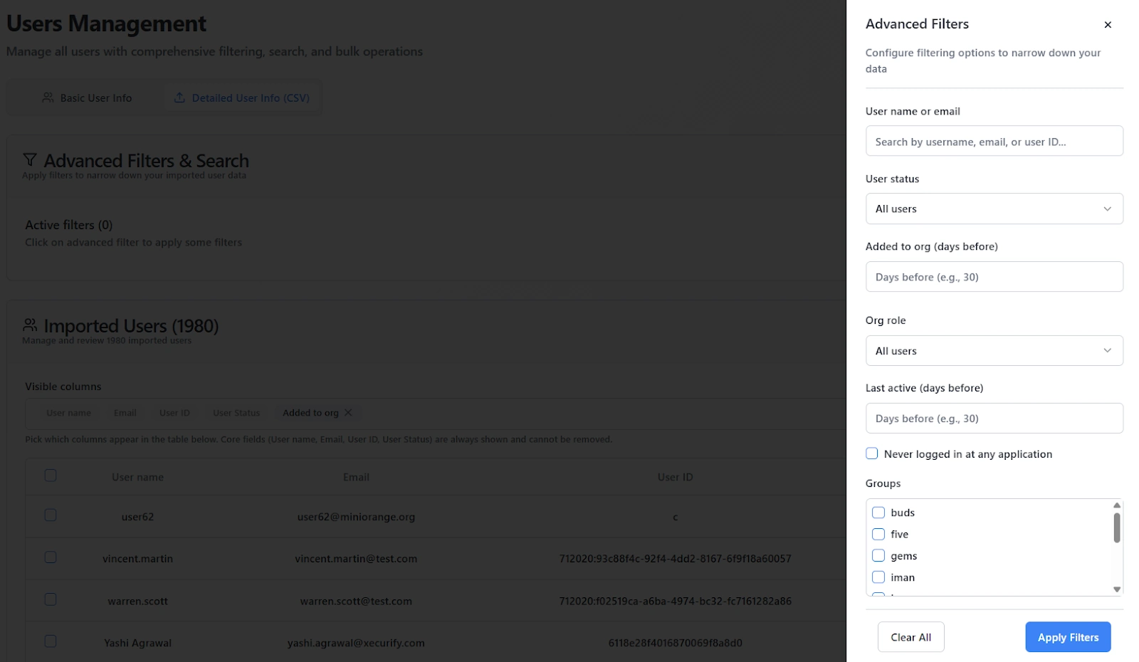 Bulk User Management | Username Filter