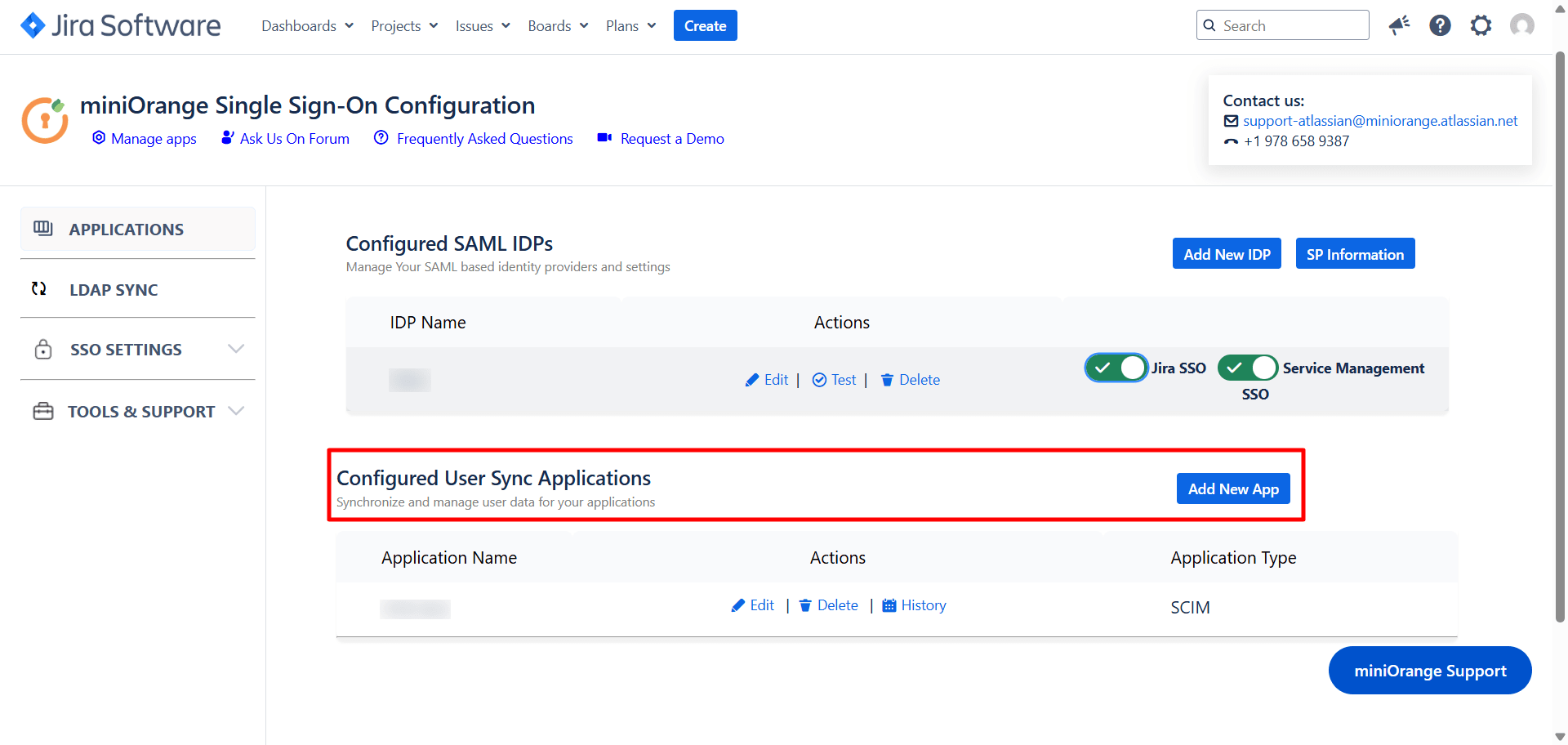 miniOrange SAML + SCIM Bundle app's Applications section with the SCIM (User Sync) section highlighted