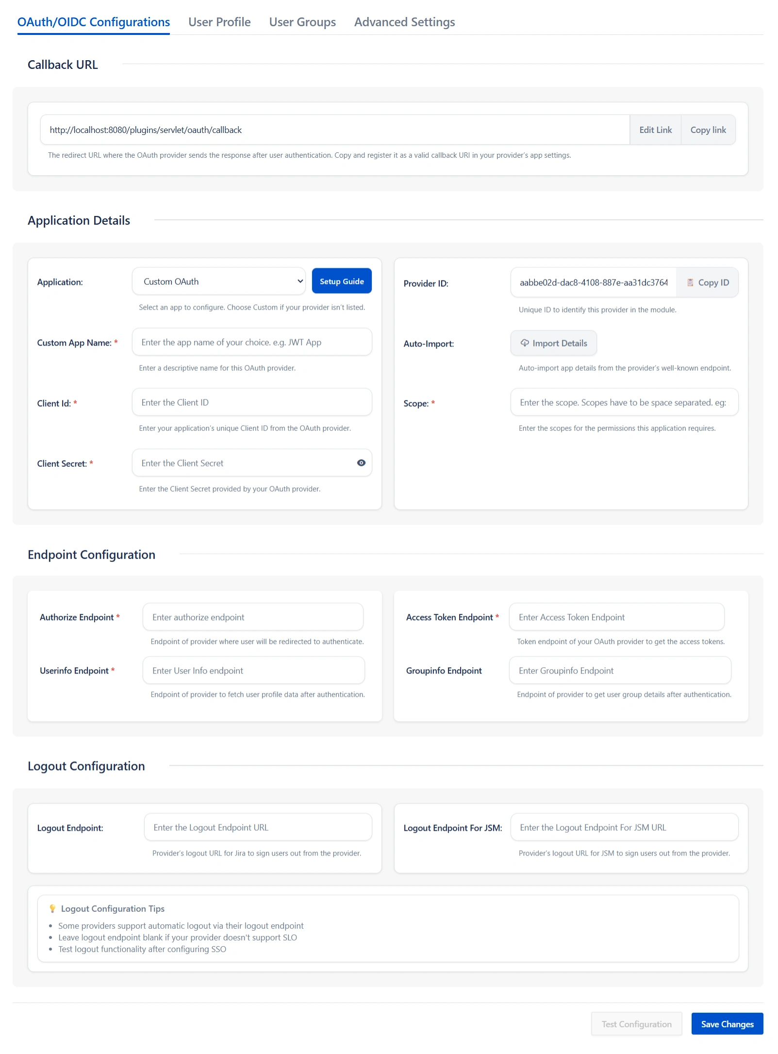 OAuth/OIDC Configuration screen