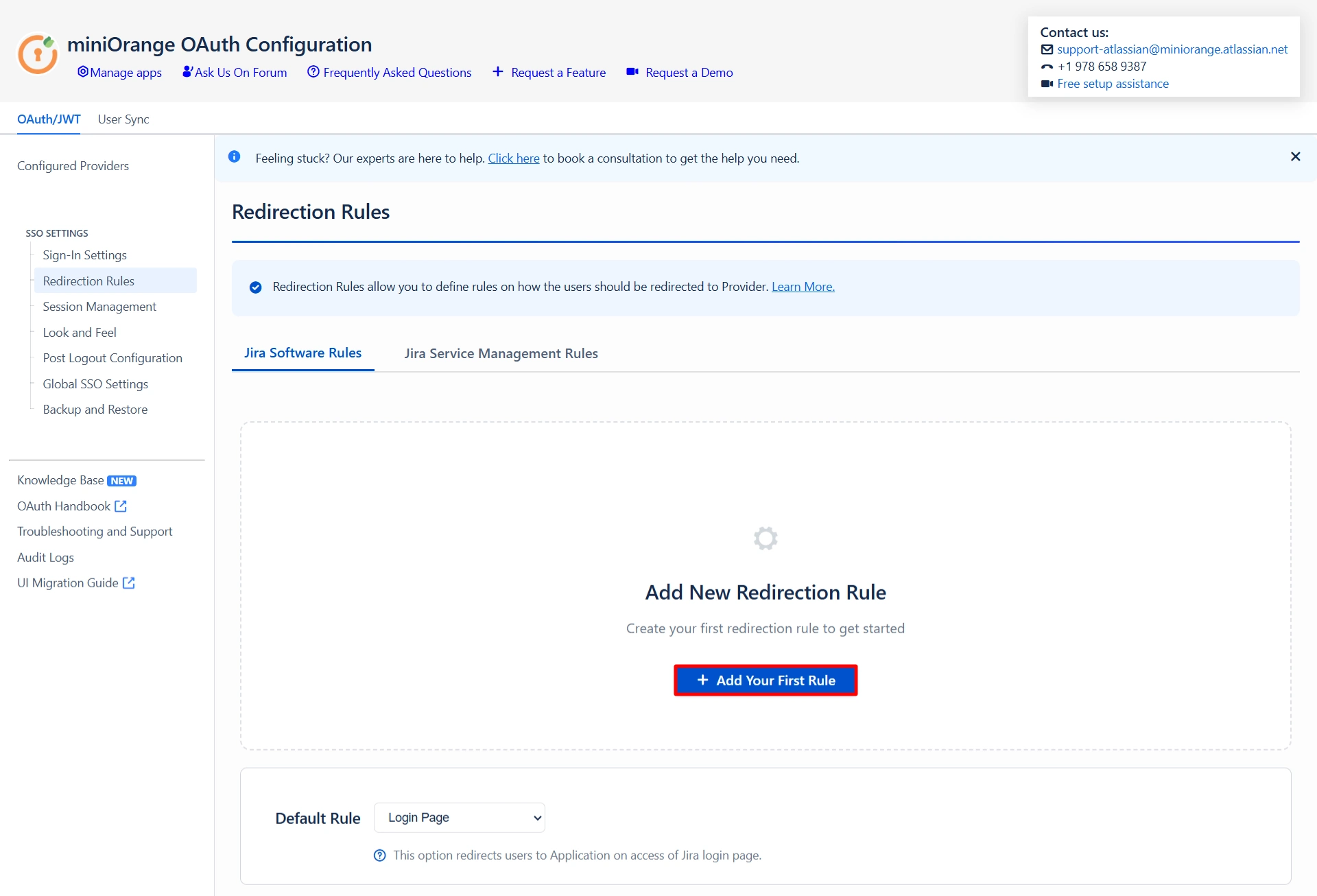 oauth 2.0 authentication, single sign on authentication, OAuth / OpenID Single Sign On (SSO) into Jira, Redirection Rules tab with provision for creating new rule