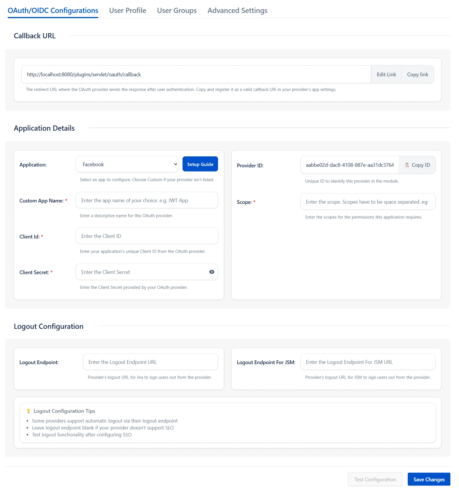 OAuth/OIDC Configuration screen