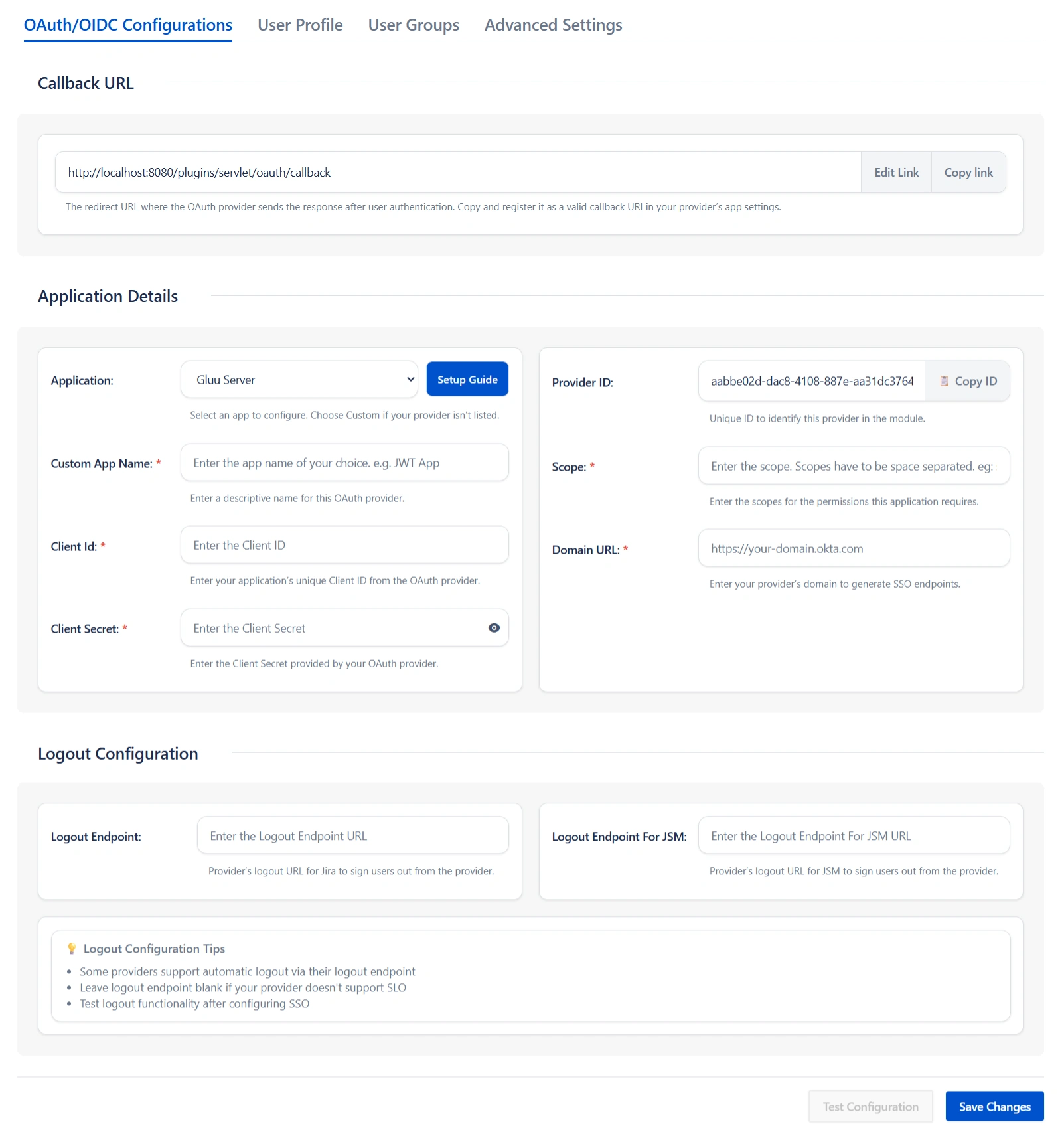 OAuth/OIDC Configuration screen
