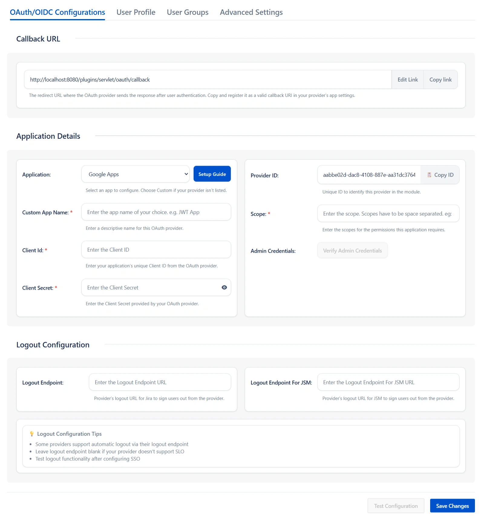 OAuth/OIDC Configuration screen