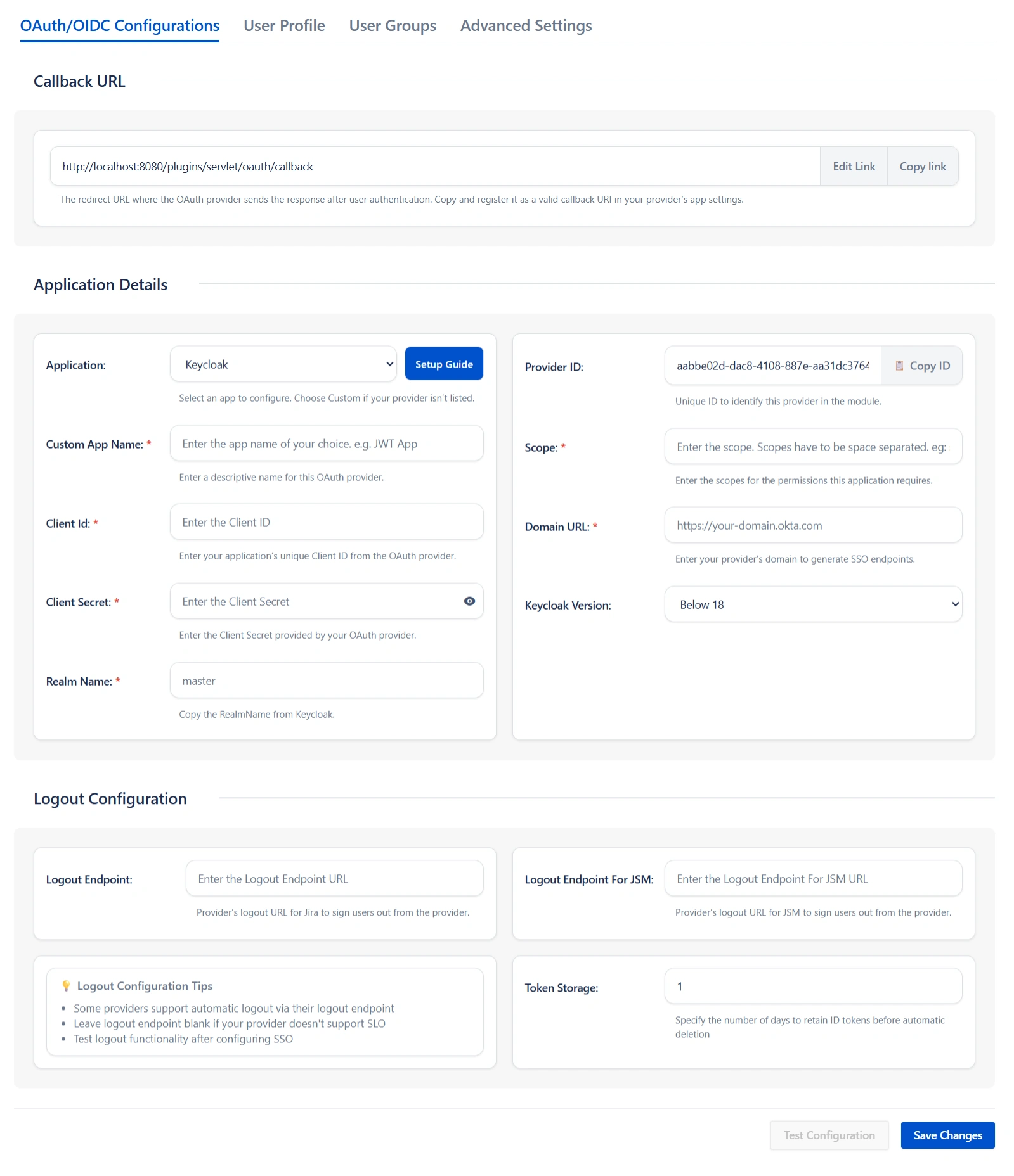 OAuth/OIDC Configuration screen