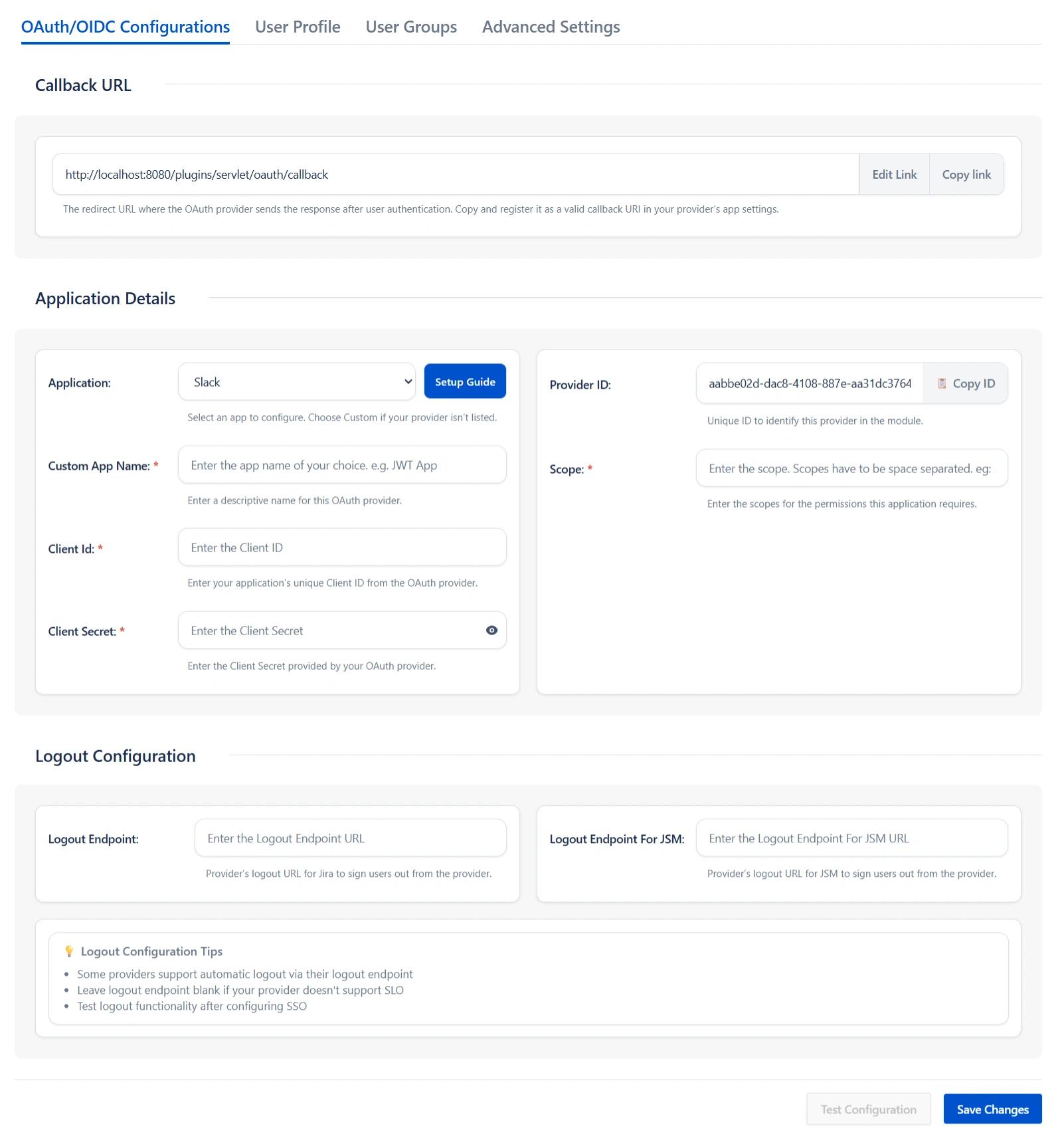 OAuth/OIDC Configuration screen