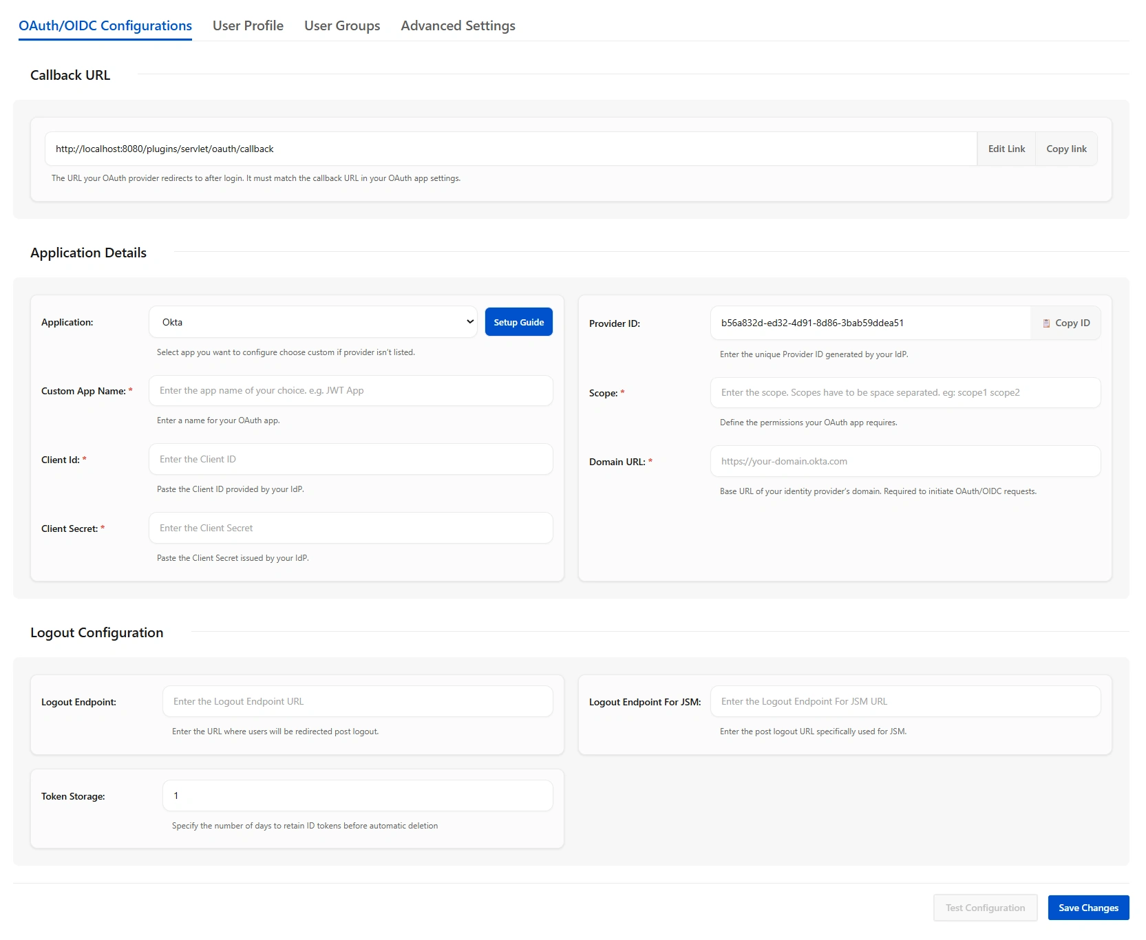 OAuth/OIDC Configuration screen