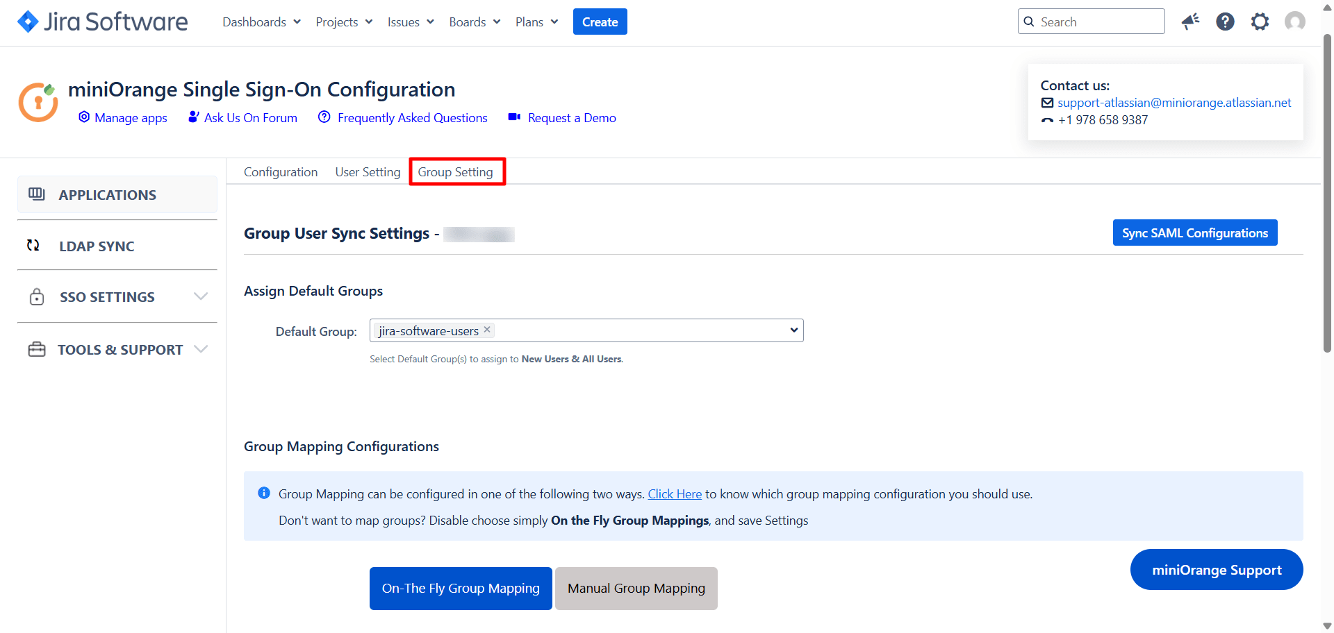 Group Sync Settings tab inside the miniOrange SAML + SCIM app