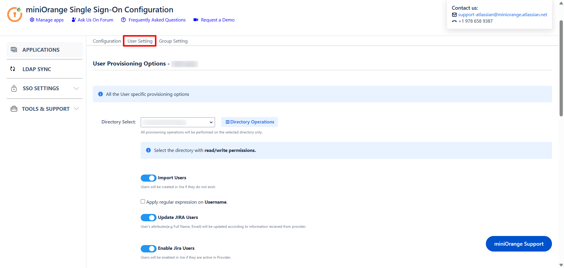 User Settings window inside the miniOrange SAML + SCIM app