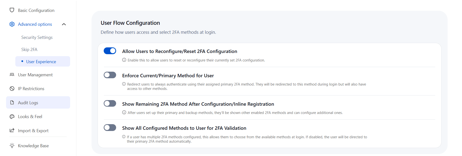 2FA user flow configuration settings for Atlassian