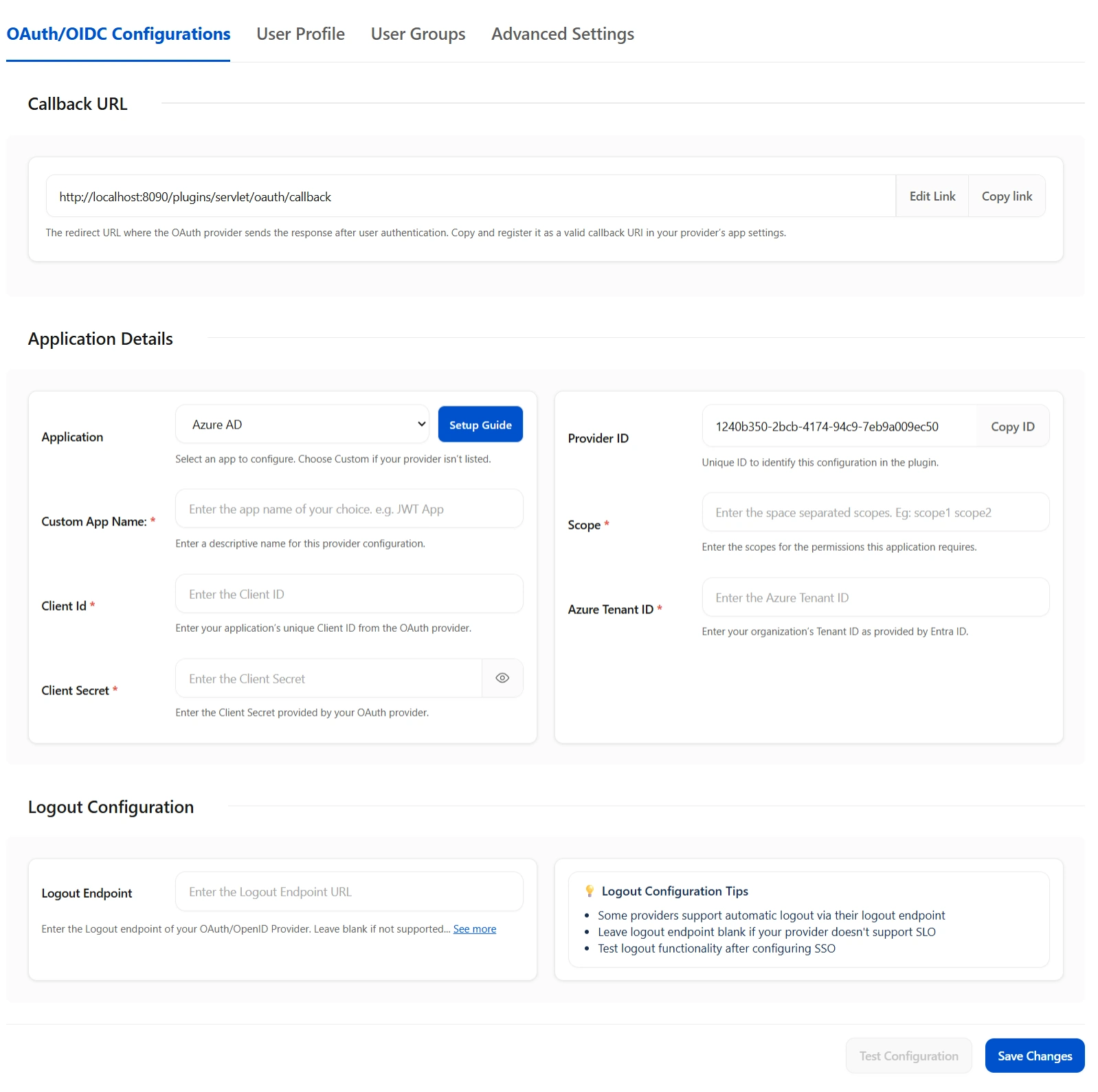 OAuth/OIDC Configuration screen