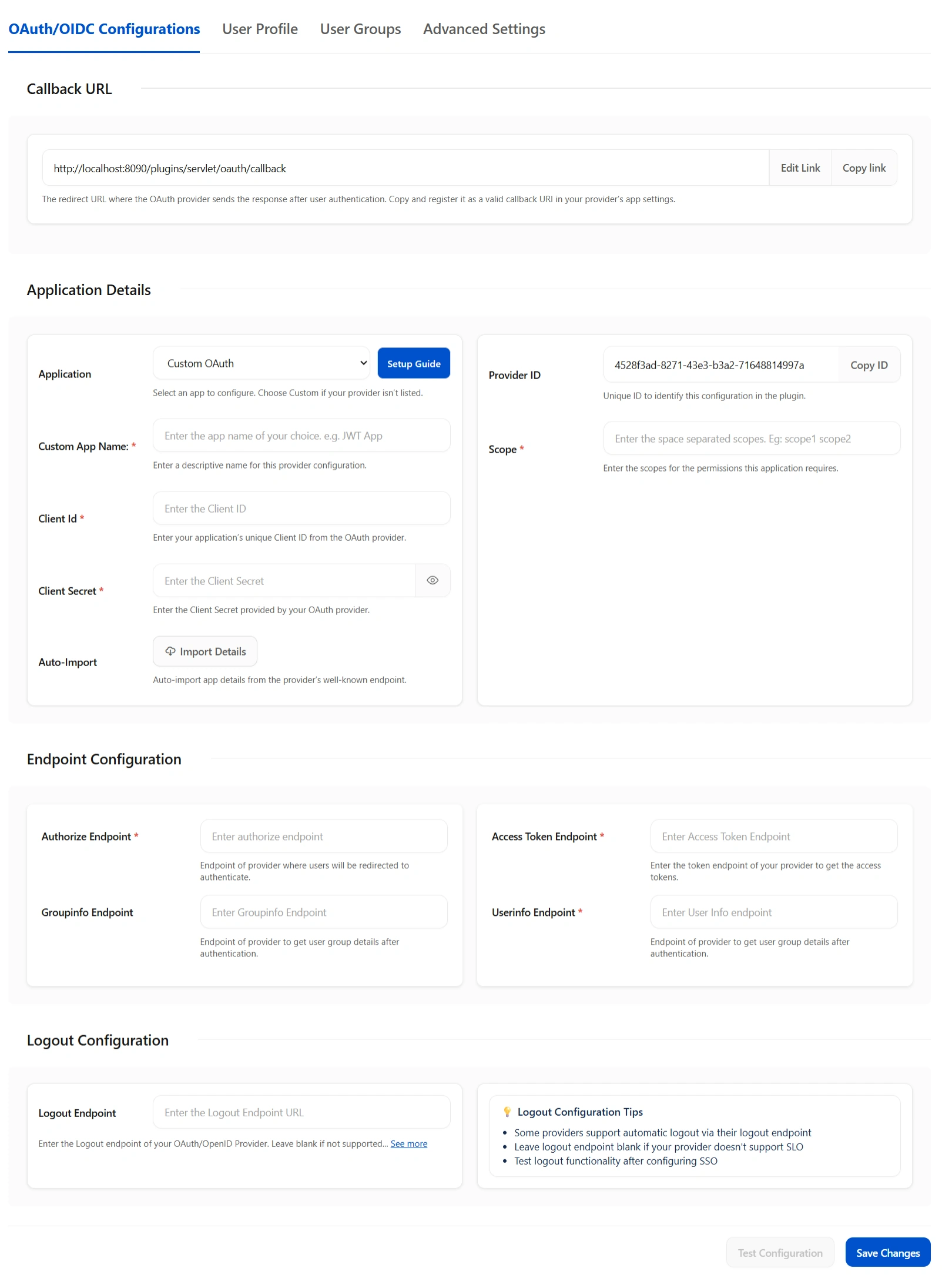 OAuth/OIDC Configuration screen