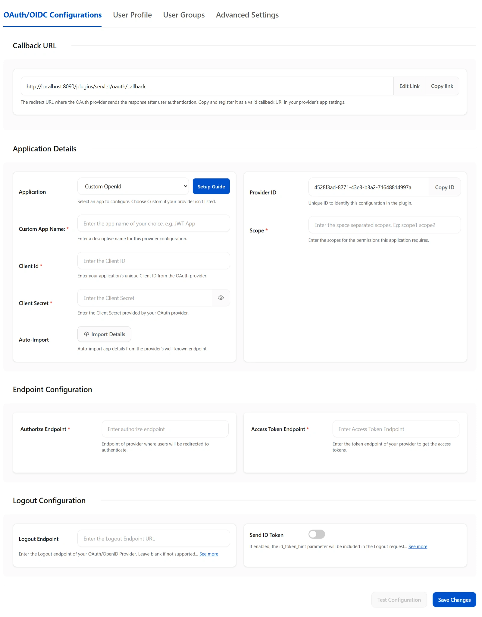 OAuth/OIDC Configuration screen
