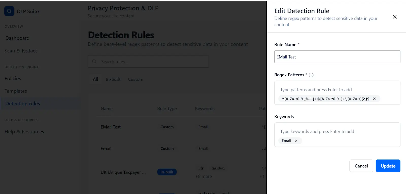 Edit Detection Rule for DLP