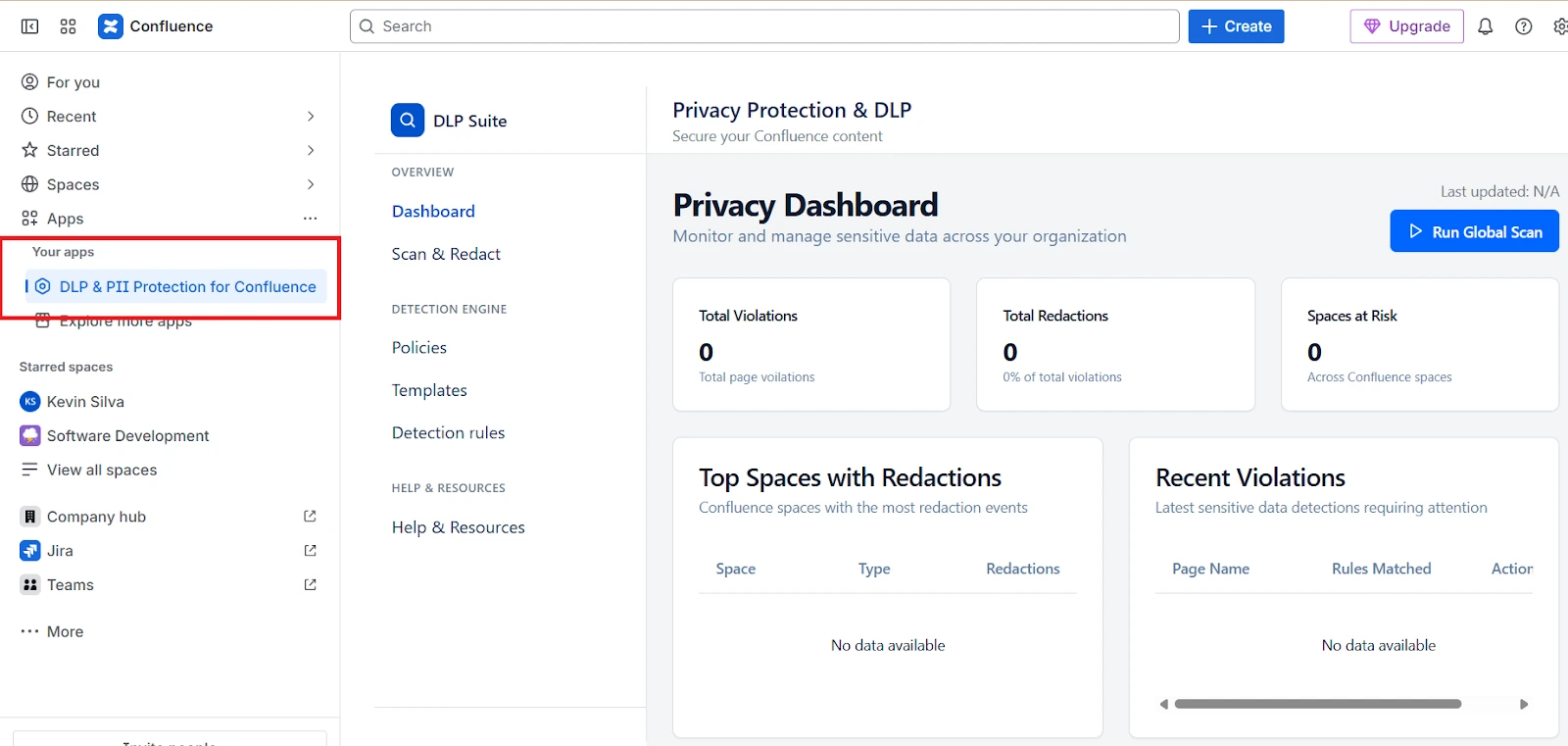DLP PII Scanner for Confluence Dashboard