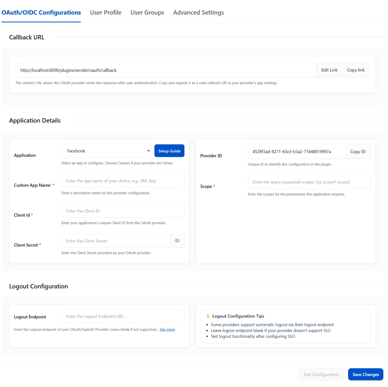 OAuth/OIDC Configuration screen