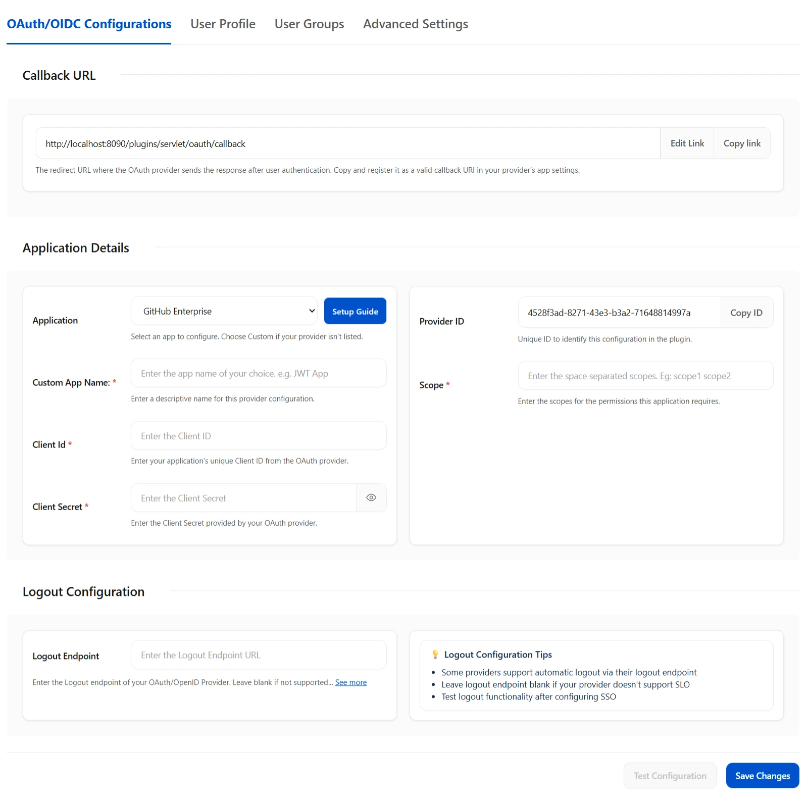 OAuth/OIDC Configuration screen