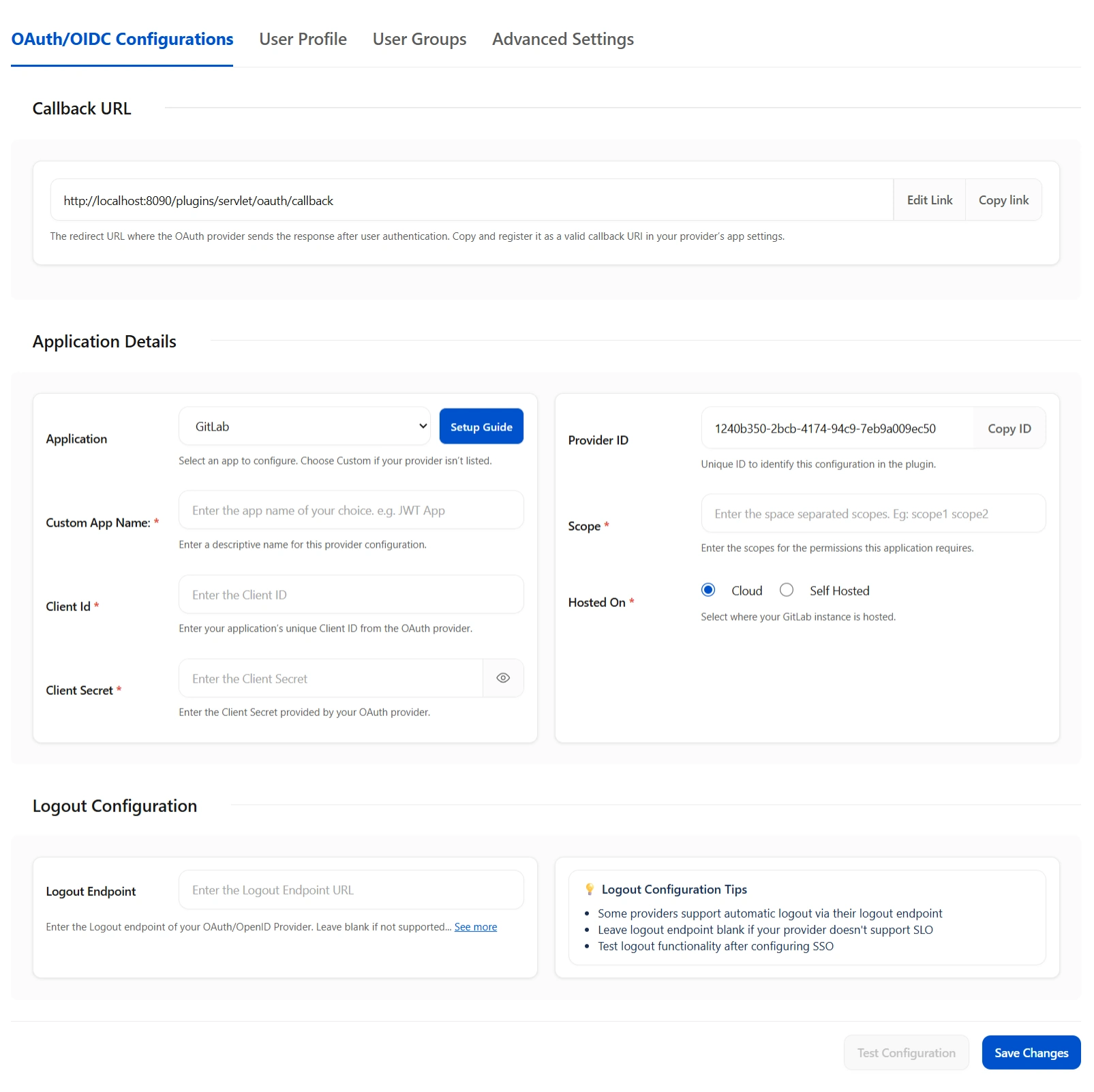OAuth/OIDC Configuration screen