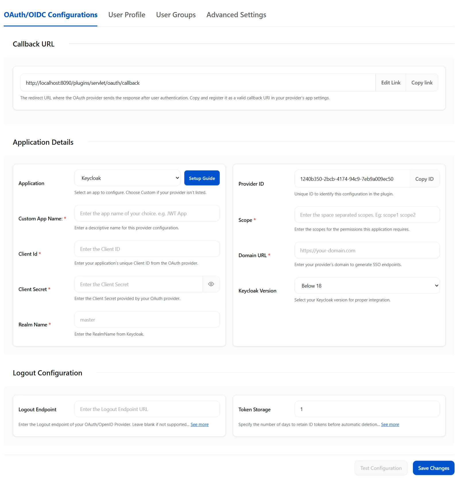 OAuth/OIDC Configuration screen