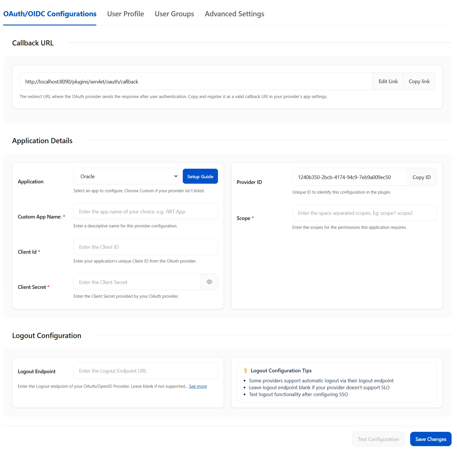 OAuth/OIDC Configuration screen