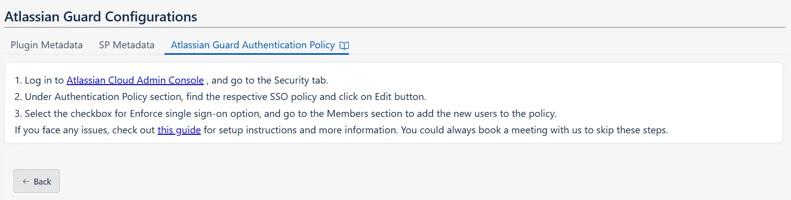 Atlassian Guard configurations page where Authentication Policy tab can be found