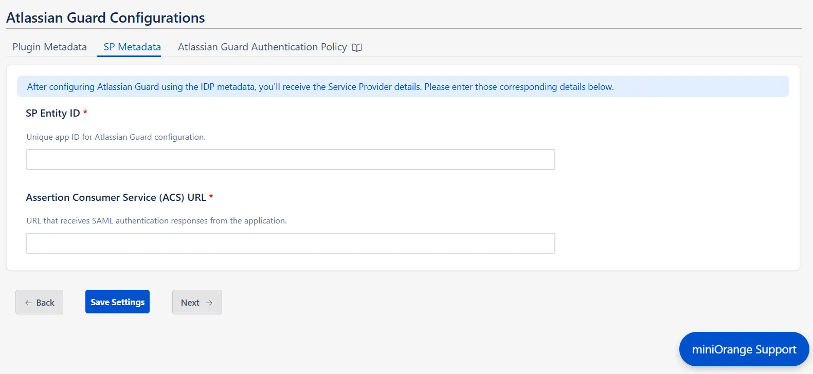Atlassian Guard configurations page where SP Metadata tab can be found