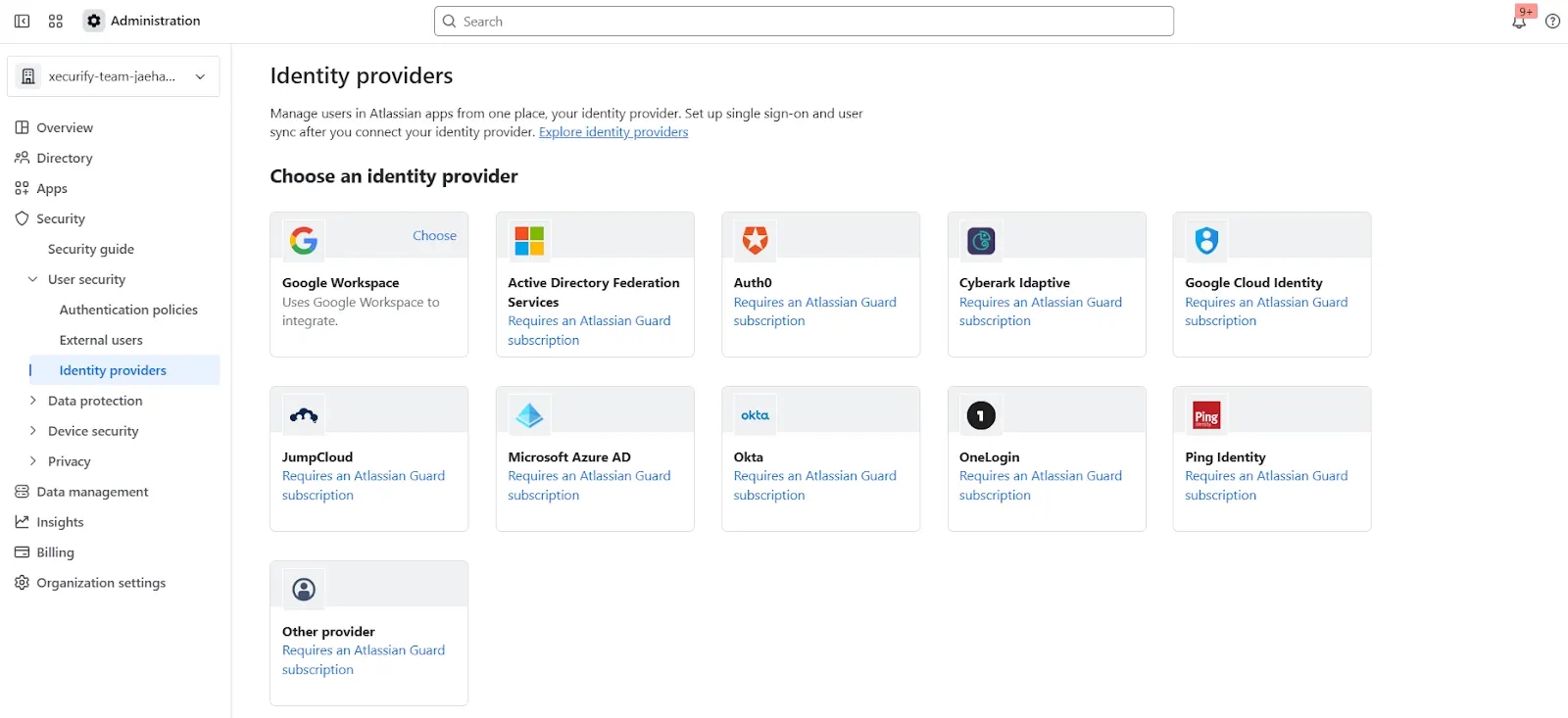 Atlassian Guard security page where Identity Providers section can be found