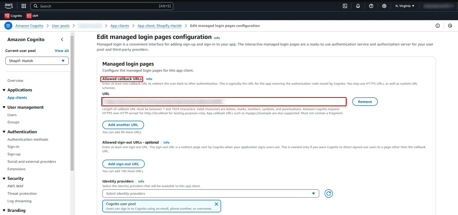 Allowed callback URLs page in the AWS Amazon Cognito User Pools page