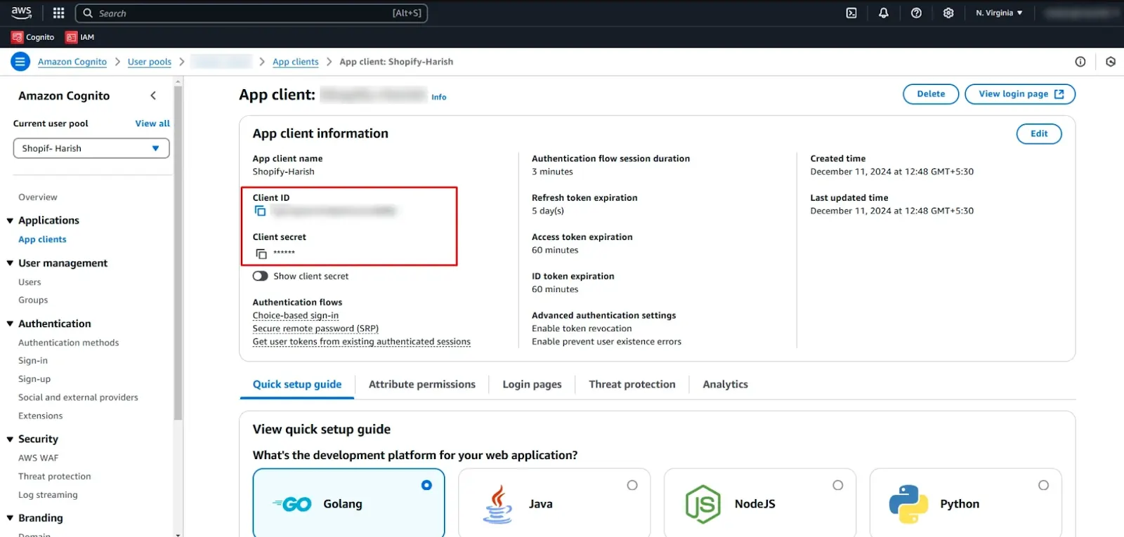 App client information page in the AWS Amazon Cognito User Pools page