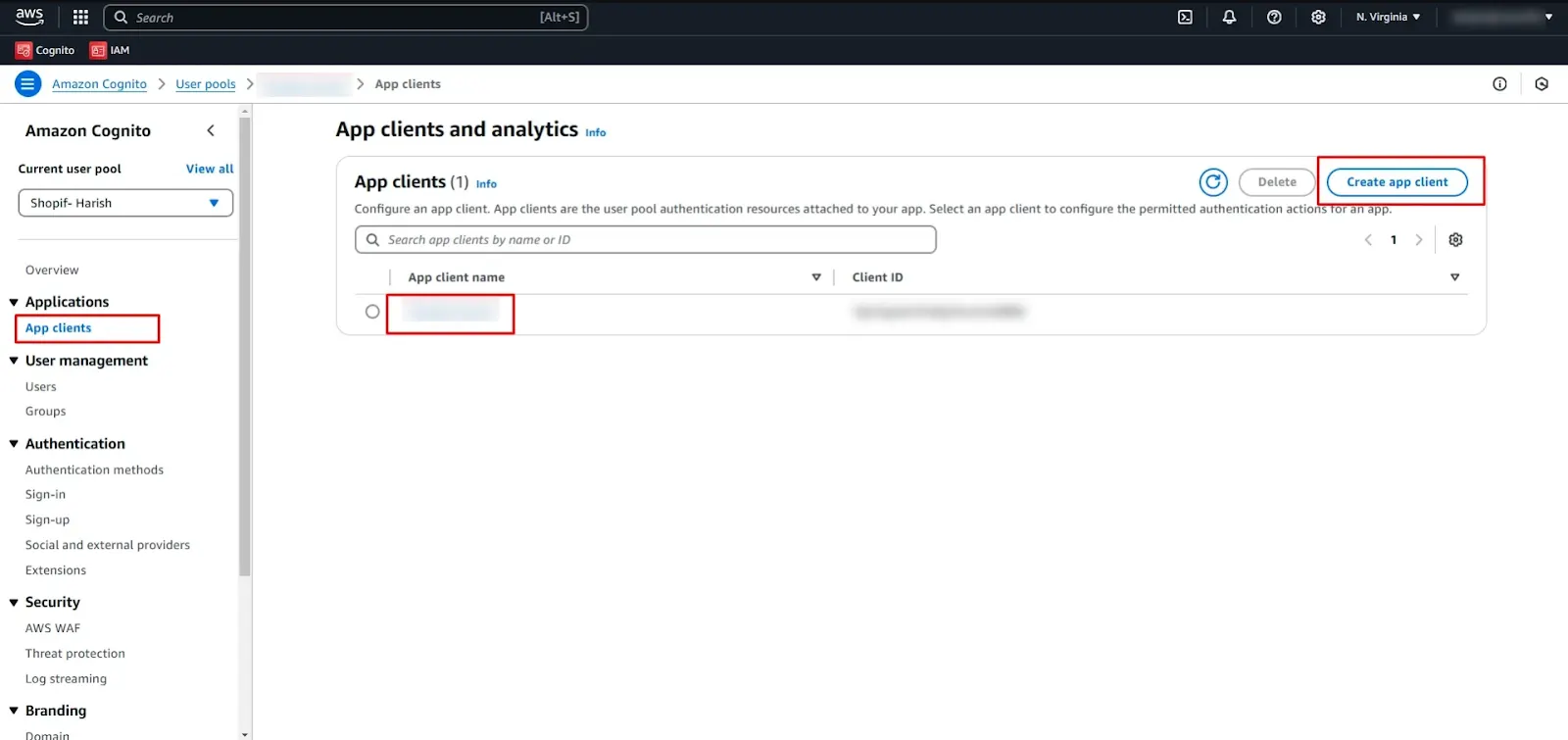 App clients and analytics page in the AWS Amazon Cognito User Pools page