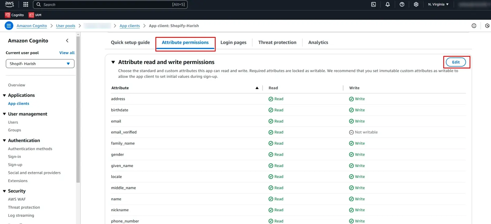 Attribute permissions page in the AWS Amazon Cognito User Pools page