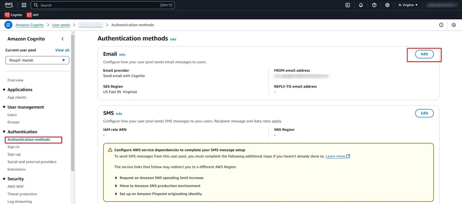 Authentication methods page in the AWS Amazon Cognito User Pools page