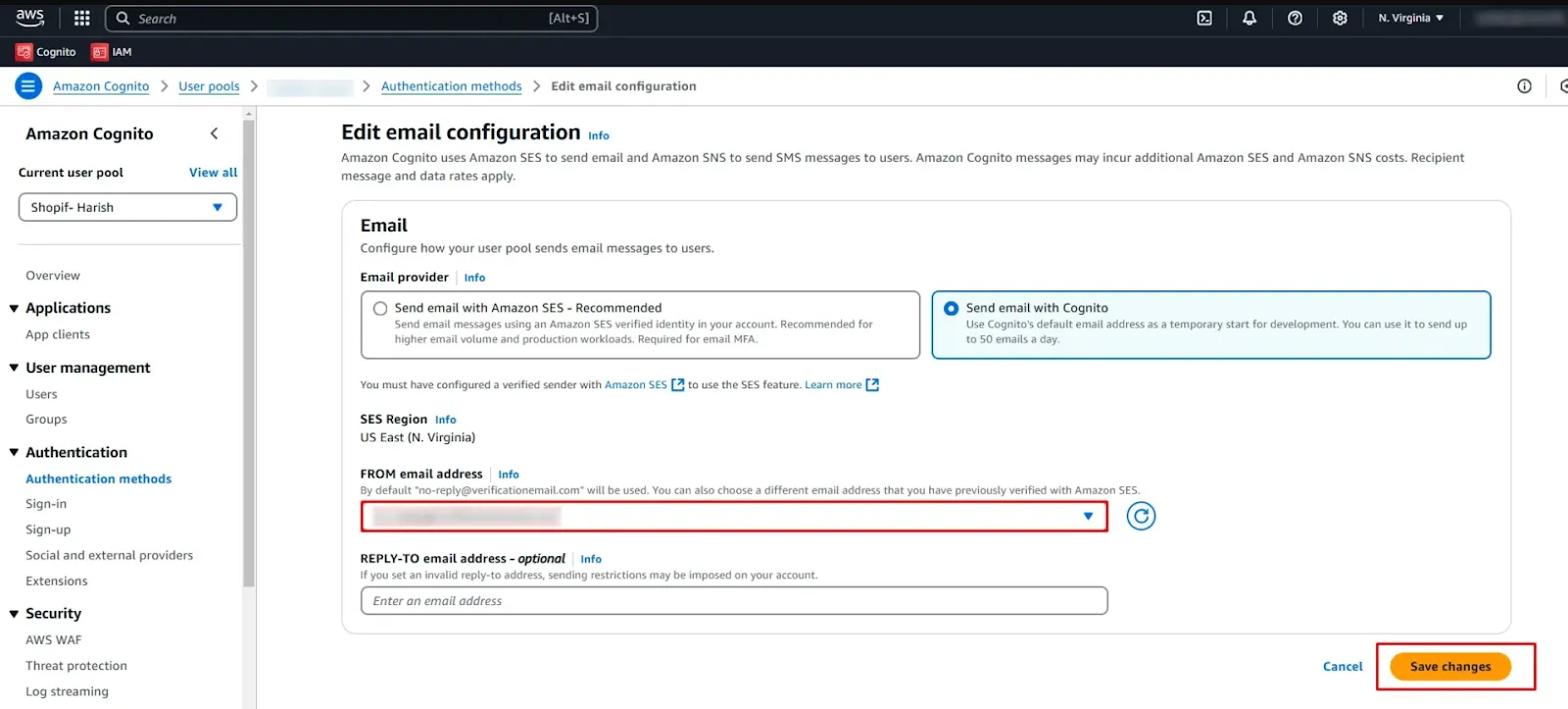 Edit email configuration page in the AWS Amazon Cognito User Pools page