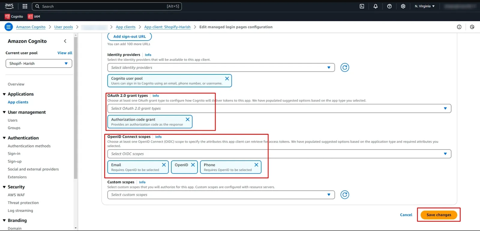 Login pages configuration page in the AWS Amazon Cognito User Pools page