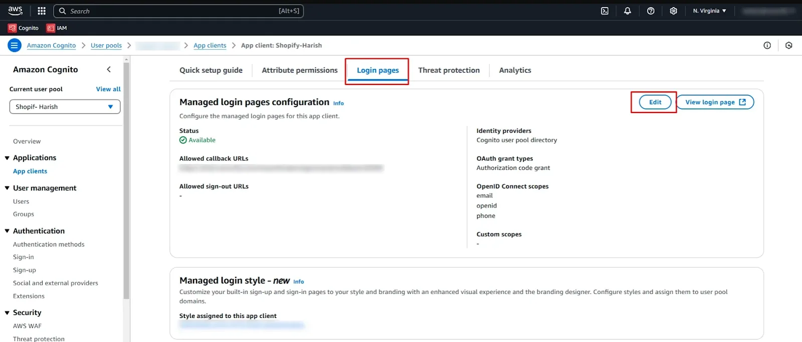 Login pages tab in the AWS Amazon Cognito User Pools page