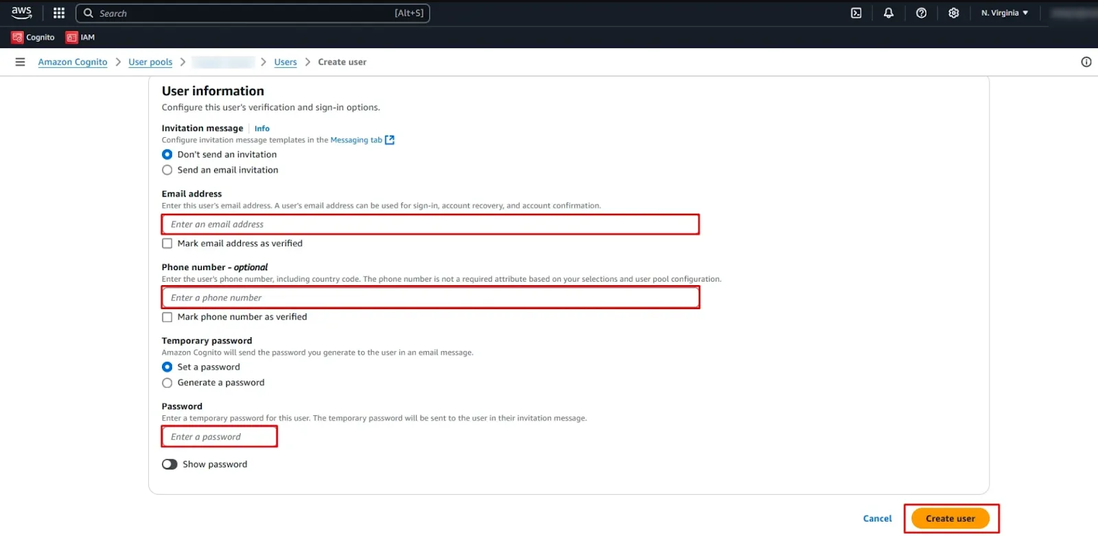 User information page in the AWS Amazon Cognito User Pools page