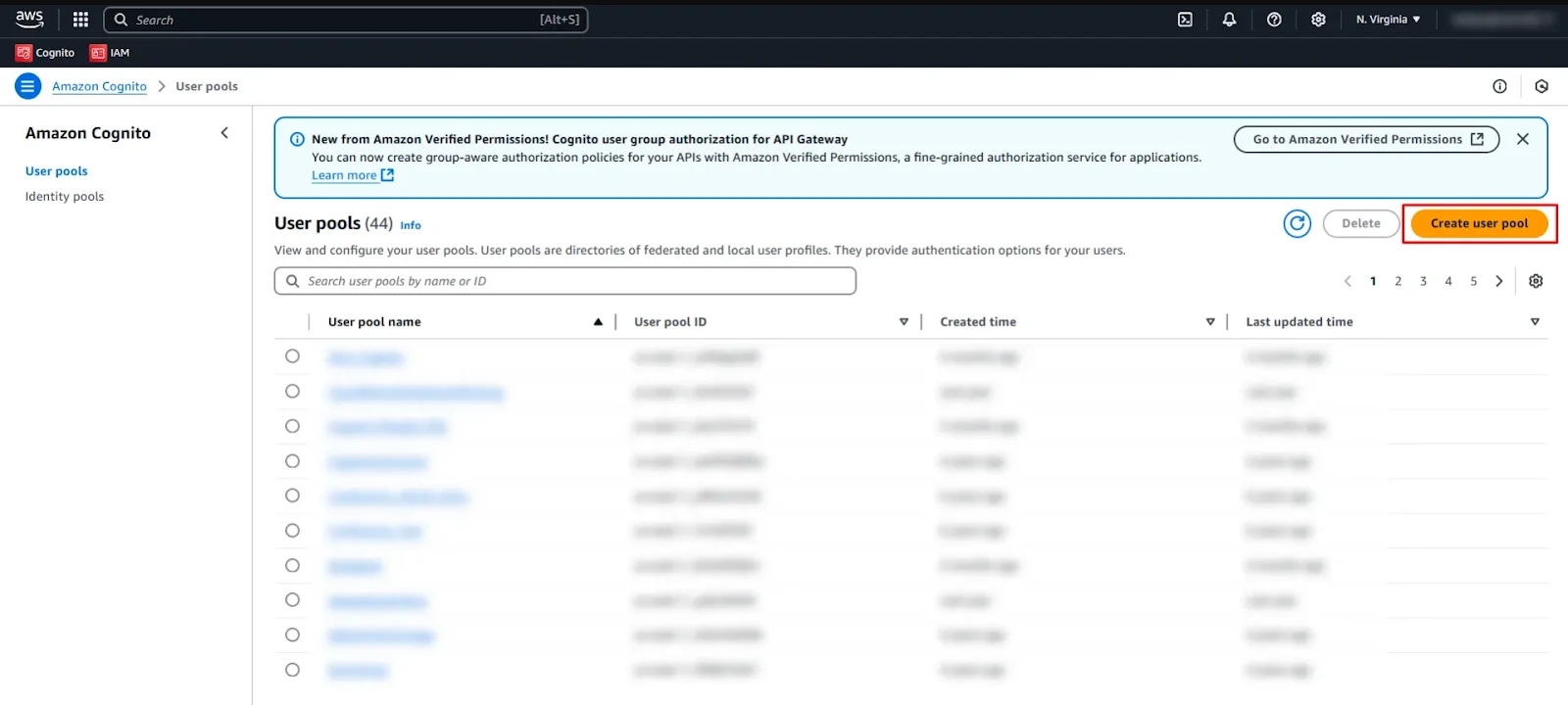 Create a User Pool button in the AWS Amazon Cognito User Pools page