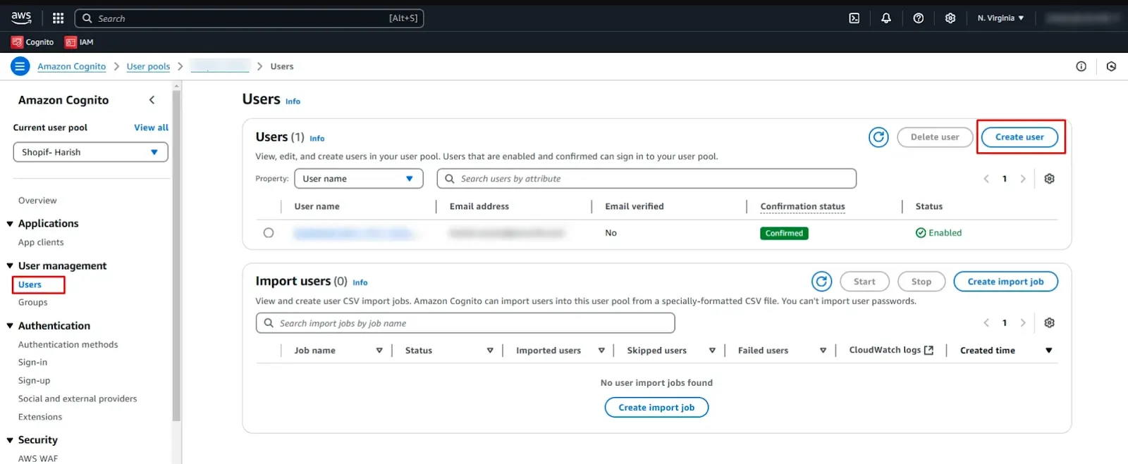 Users section with Create user button in the AWS Amazon Cognito User Pools page