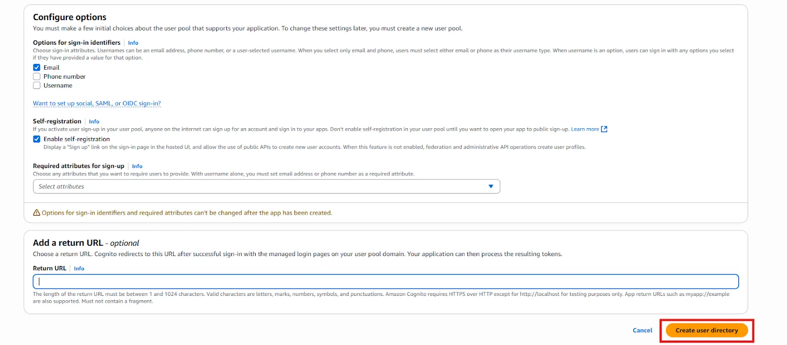 Configure options and add return URL page in the AWS Amazon Cognito User Pools page