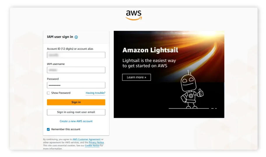 AWS IAM user sign in page
