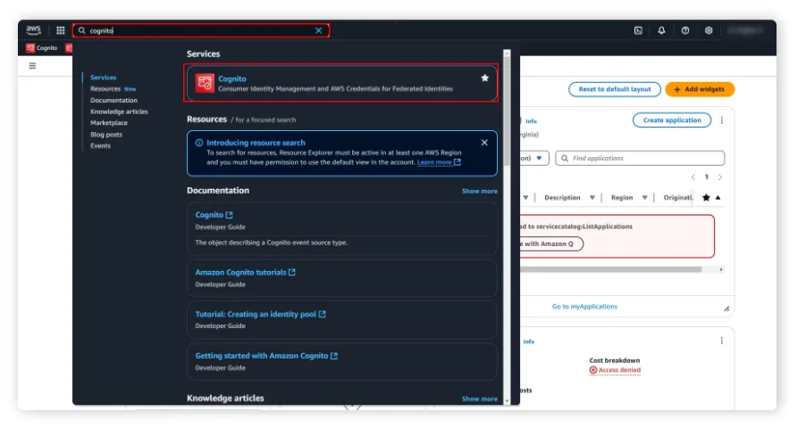 AWS Services search bar with Cognito option highlighted
