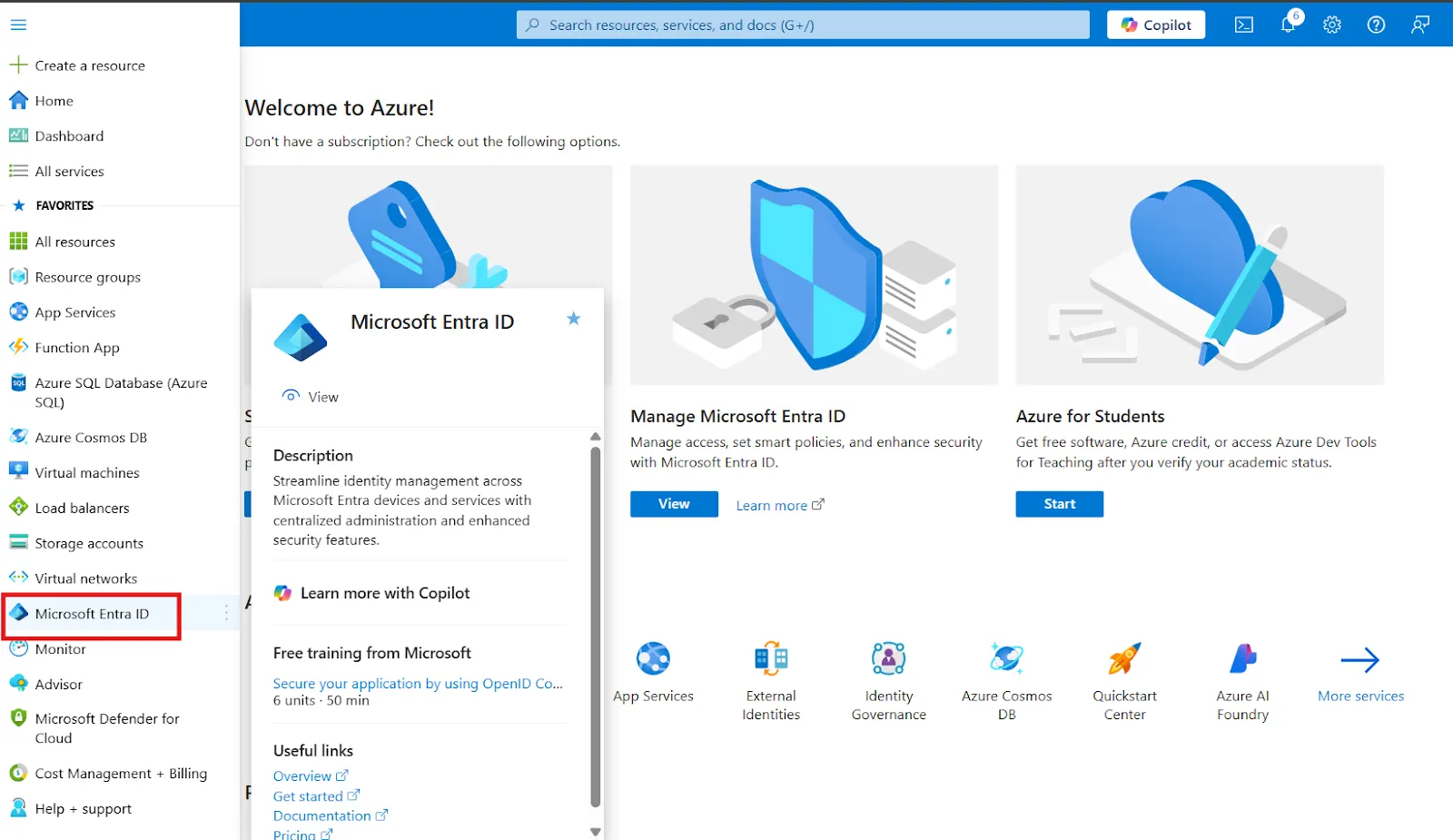 Microsoft Entra ID dashboard with Microsoft Entra ID option highlighted
