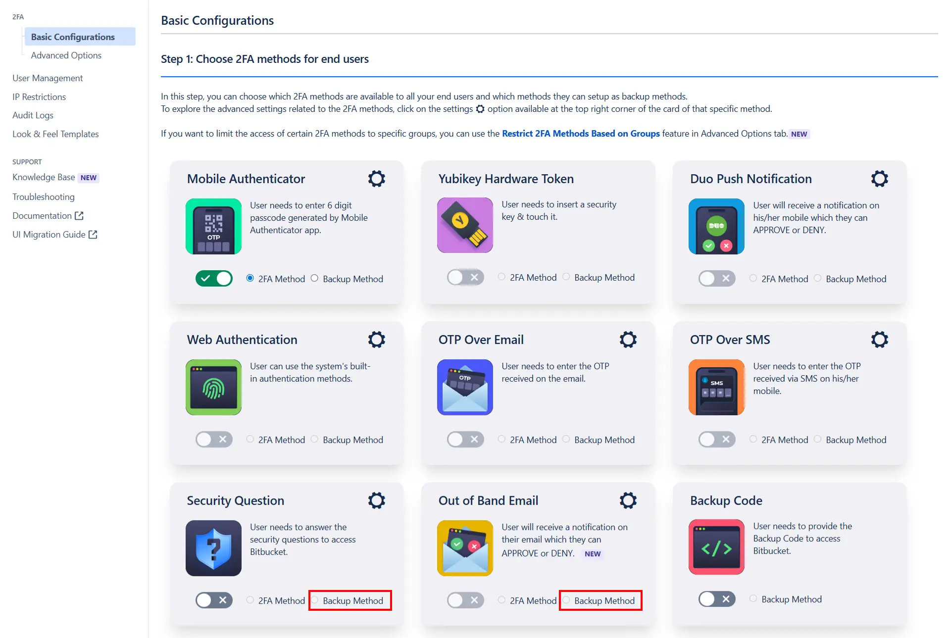 Setup Two Factor (2FA / MFA) 
                Authentication for Bitbucket using OTP, KBA, TOTP methods settings