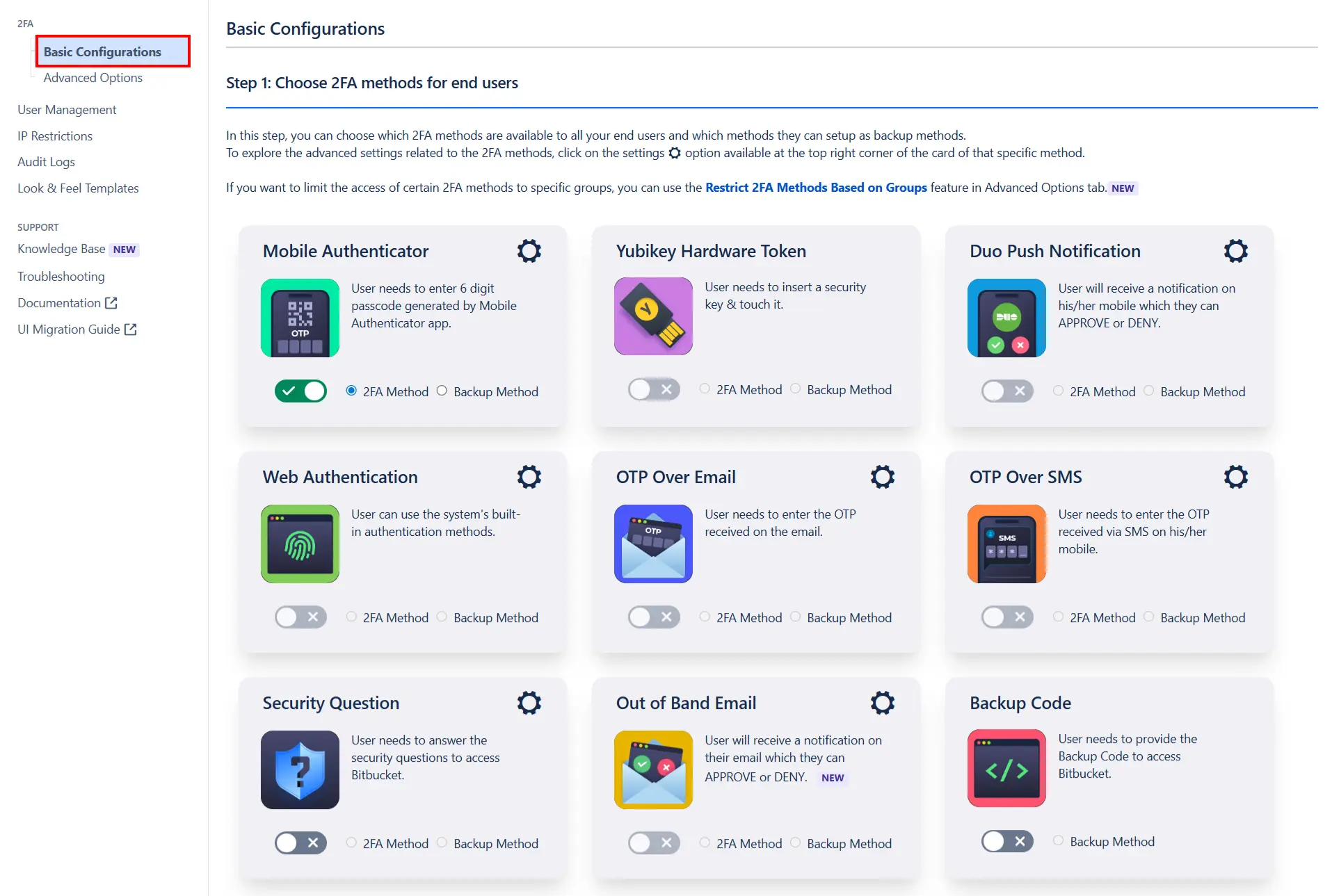 Setup Two Factor (2FA / MFA) 
                Authentication for Bitbucket using OTP, KBA, TOTP methods settings