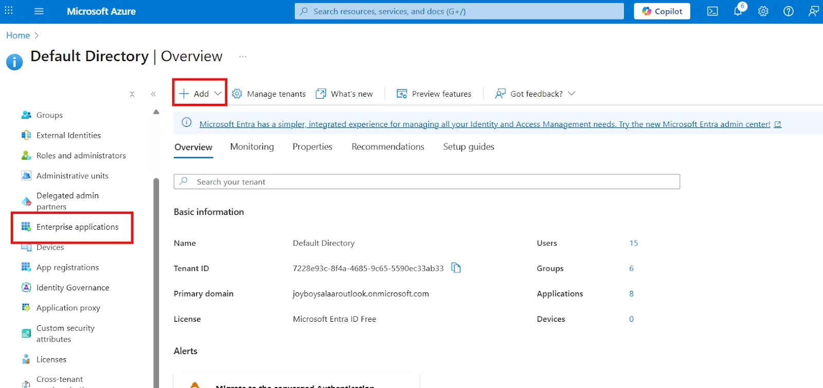 Default directory with Enterprise applications section highlighted