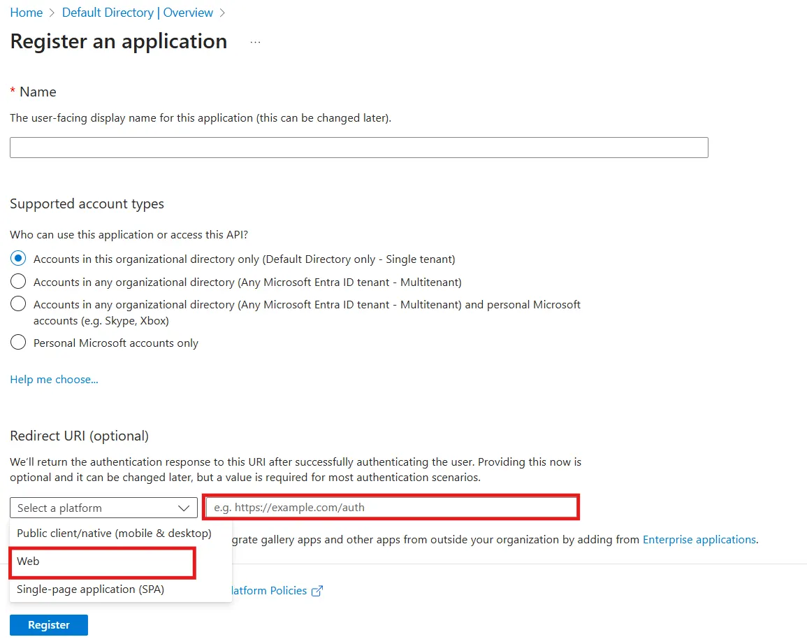 Register an application page in the Azure AD portal