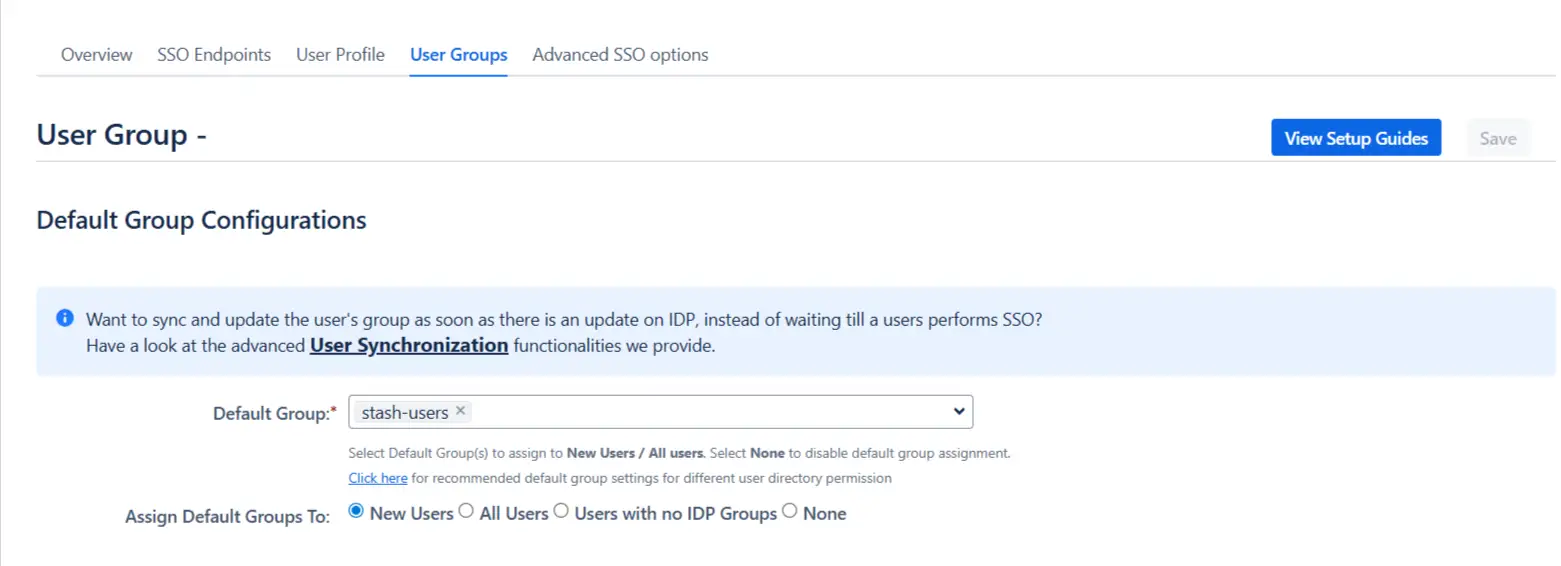 Default Group Configurations section in the User Groups - Default groups page